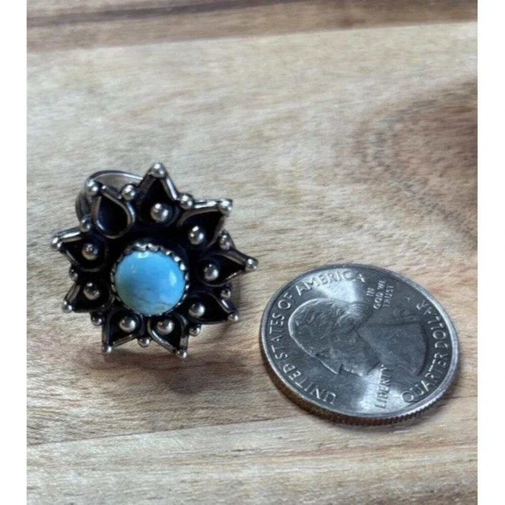 Sterling Silver Kingman Turquoise Sunburst Flower Sz 7.5 Southwest Ring